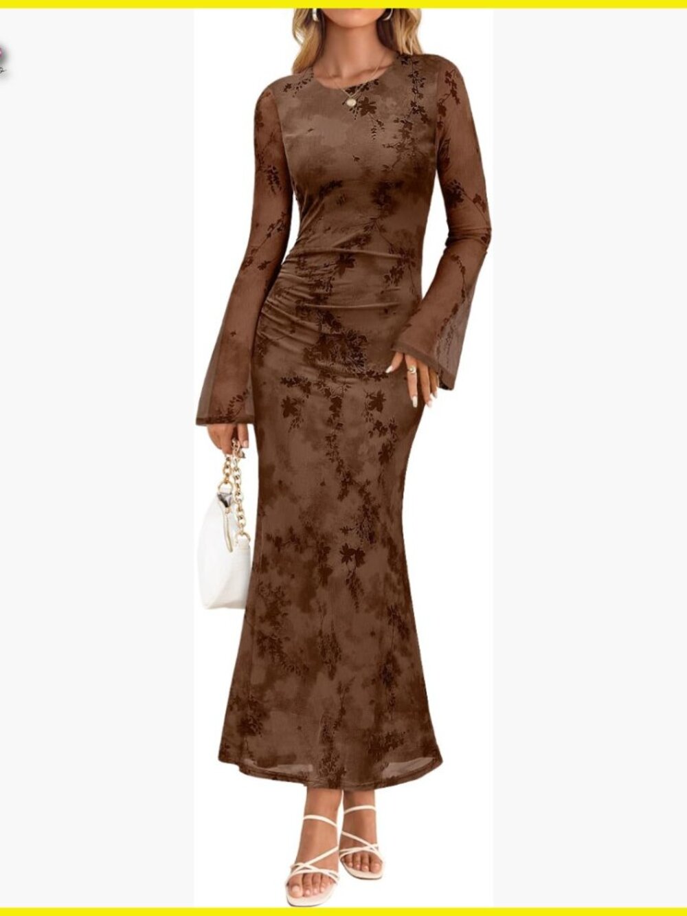 Floral Bodycon Maxi Dress Long Sleeve Ruched Mesh Cocktail Party Elegant